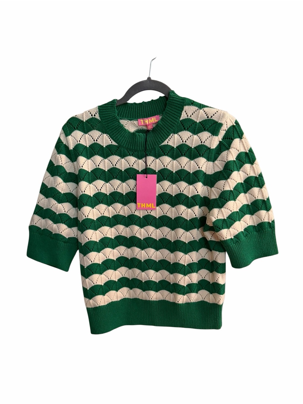 THML Green & Cream Scallop Knit Short Sleeve Sweater